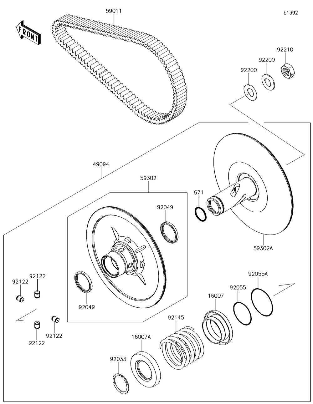 Driven Converter/Drive Belt Diagram and Parts List for KRF800GJF 2018 Kawasaki Lawn Tractor Accessories