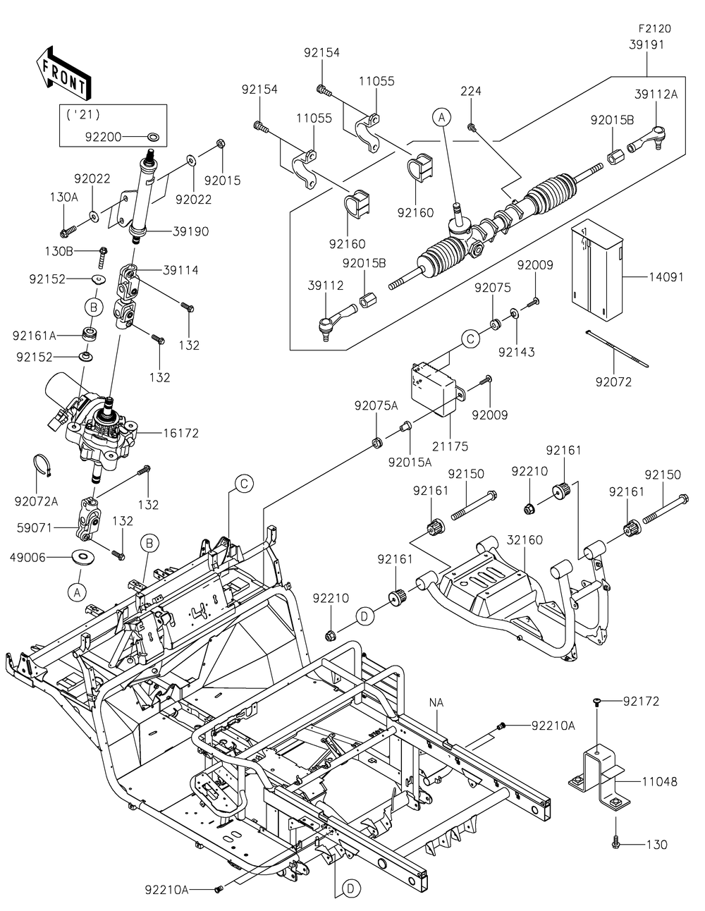 Frame Diagram and Parts List for KAF620ZMFNN 2021 Kawasaki Lawn Tractor Accessories