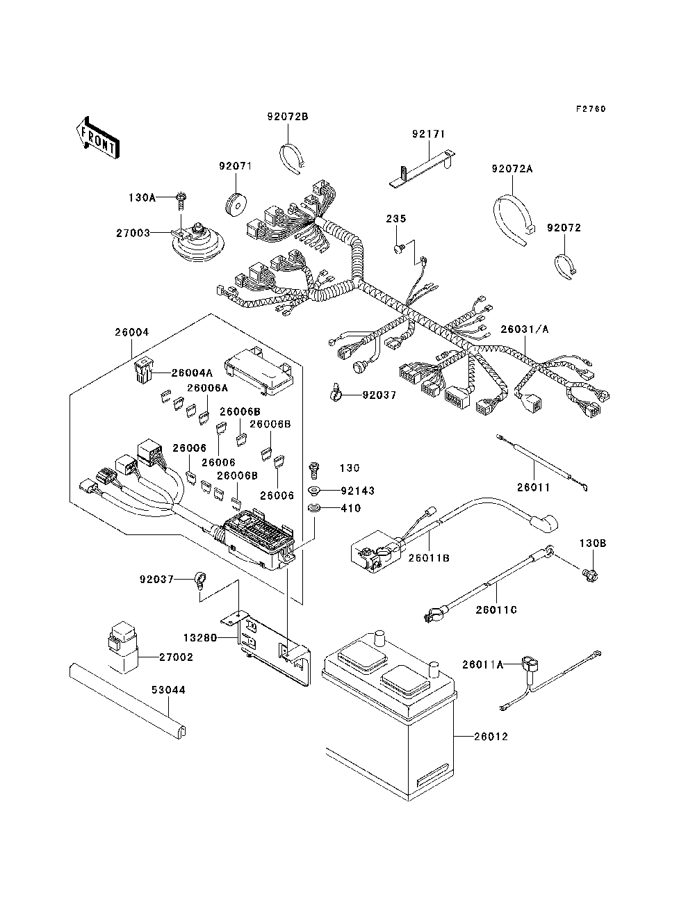 Chassis Electrical Equipment Diagram and Parts List for KAF950B7F 2007 & Prior Kawasaki Lawn Tractor Accessories