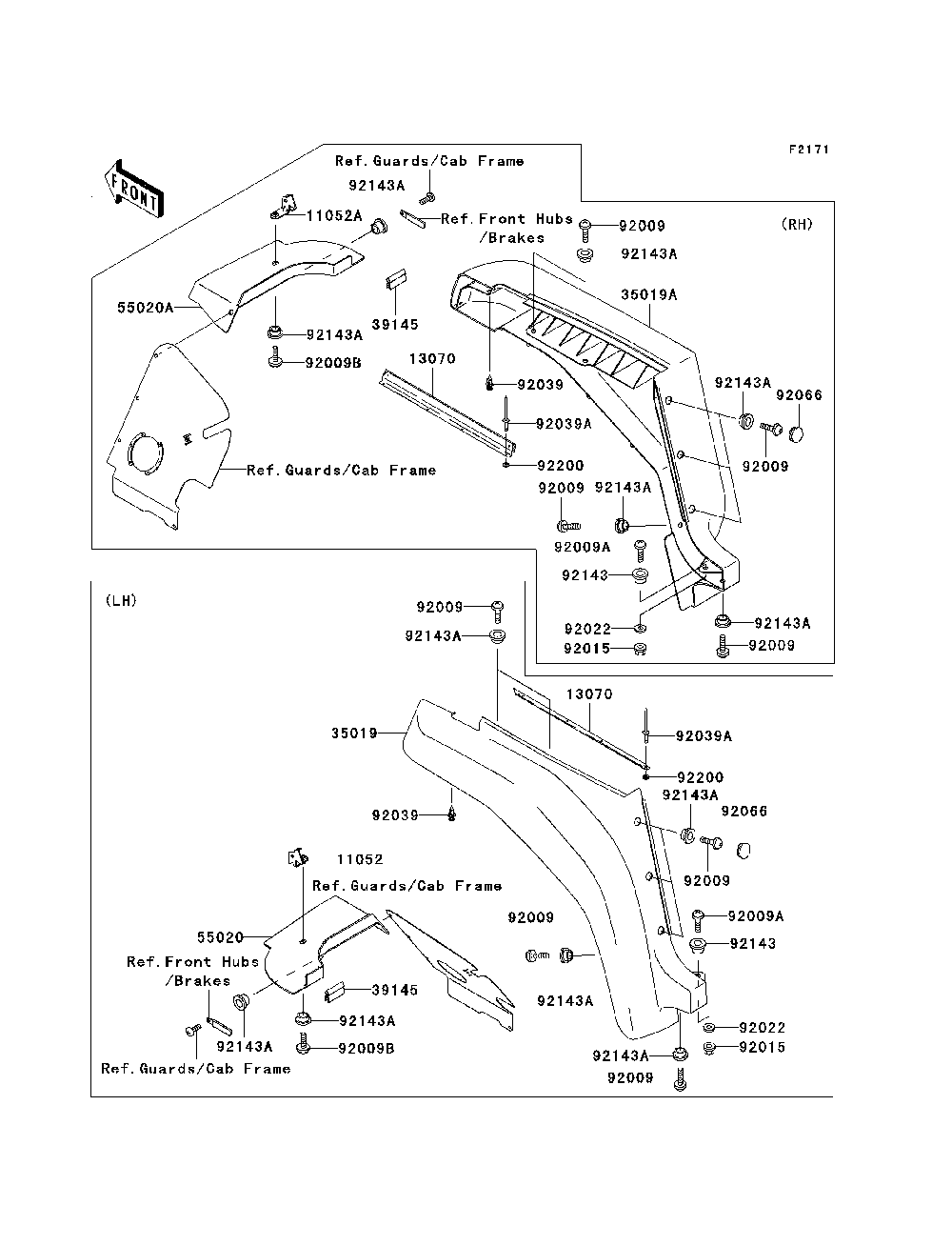 Front Fender Diagram and Parts List for KAF620E7F 2007 & Prior Kawasaki Lawn Tractor Accessories