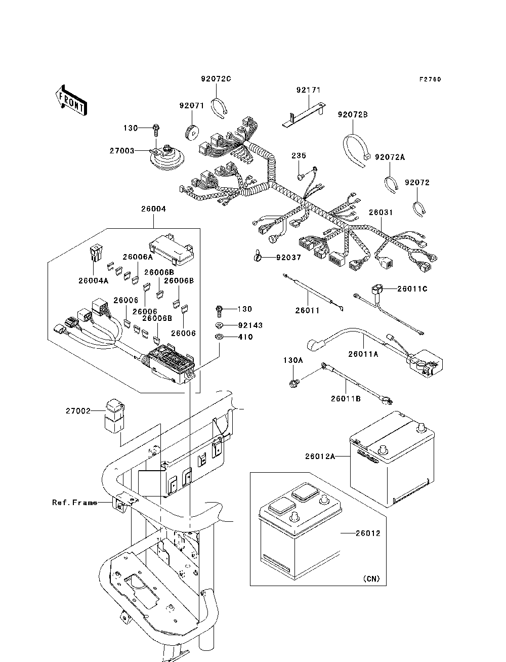 Chassis Electrical Equipment Diagram and Parts List for KAF950C7F 2007 & Prior Kawasaki Lawn Tractor Accessories