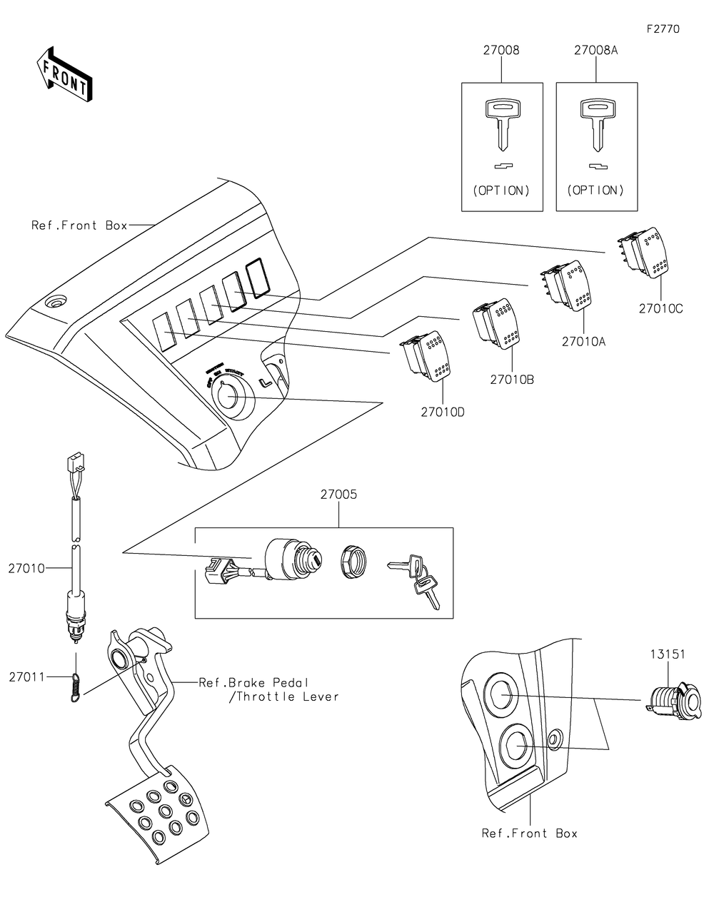 Ignition Switch Diagram and Parts List for KAF1000FKF 2019 Kawasaki Lawn Tractor Accessories