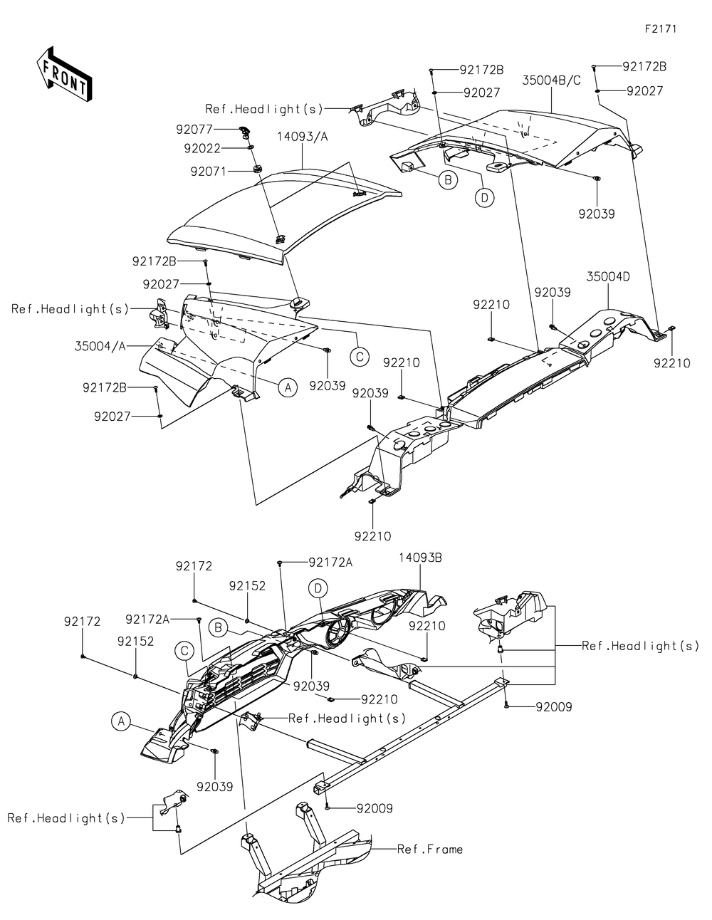 Front Fender Diagram and Parts List for KRT800FPFNN 2023 Kawasaki Lawn Tractor Accessories