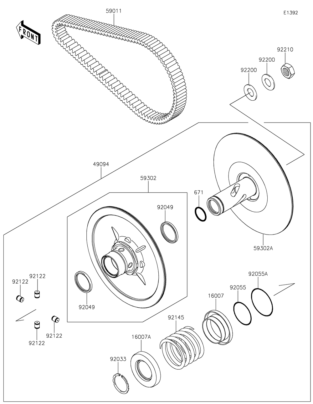 Driven Converter/Drive Belt Diagram and Parts List for KRF800GKF 2019 Kawasaki Lawn Tractor Accessories