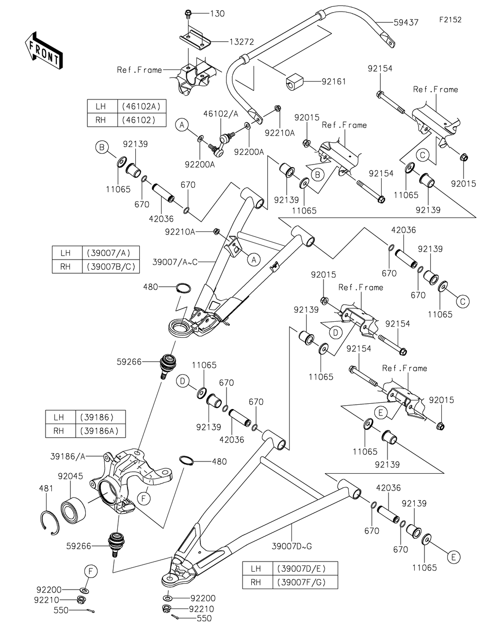 Front Suspension Diagram and Parts List for KRF1000AMFNL 2021 Kawasaki Lawn Tractor Accessories