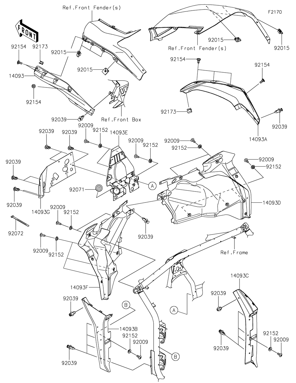 Fenders Diagram and Parts List for KRF1000DMFNN 2021 Kawasaki Lawn Tractor Accessories