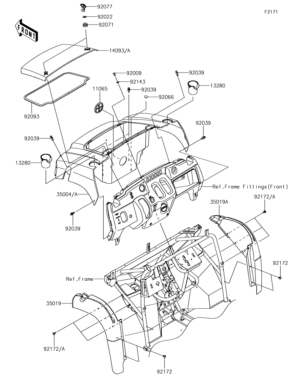 Front Fender Diagram and Parts List for KAF400NHF 2017 Kawasaki Lawn Tractor Accessories