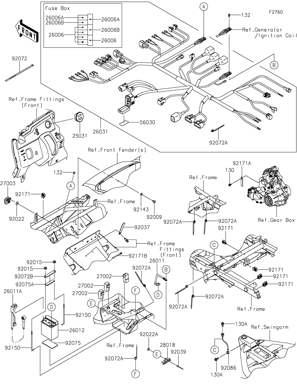 Chassis Electrical Equipment Diagram and Parts List for KAF400WLF 2020 Kawasaki Lawn Tractor Accessories