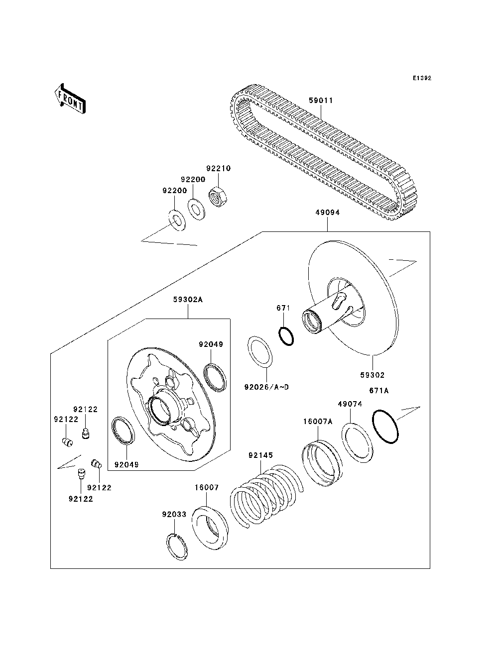 Driven Converter/Drive Belt Diagram and Parts List for KRF750TAF 2010 Kawasaki Lawn Tractor Accessories