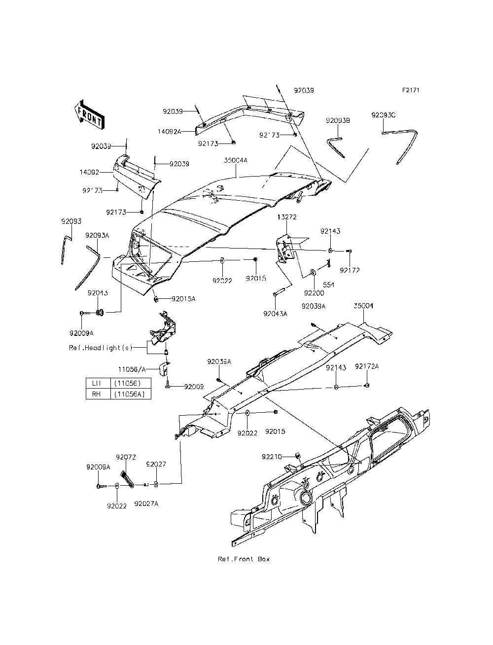 Front Fender Diagram and Parts List for KRT800DFF 2015 Kawasaki Lawn Tractor Accessories