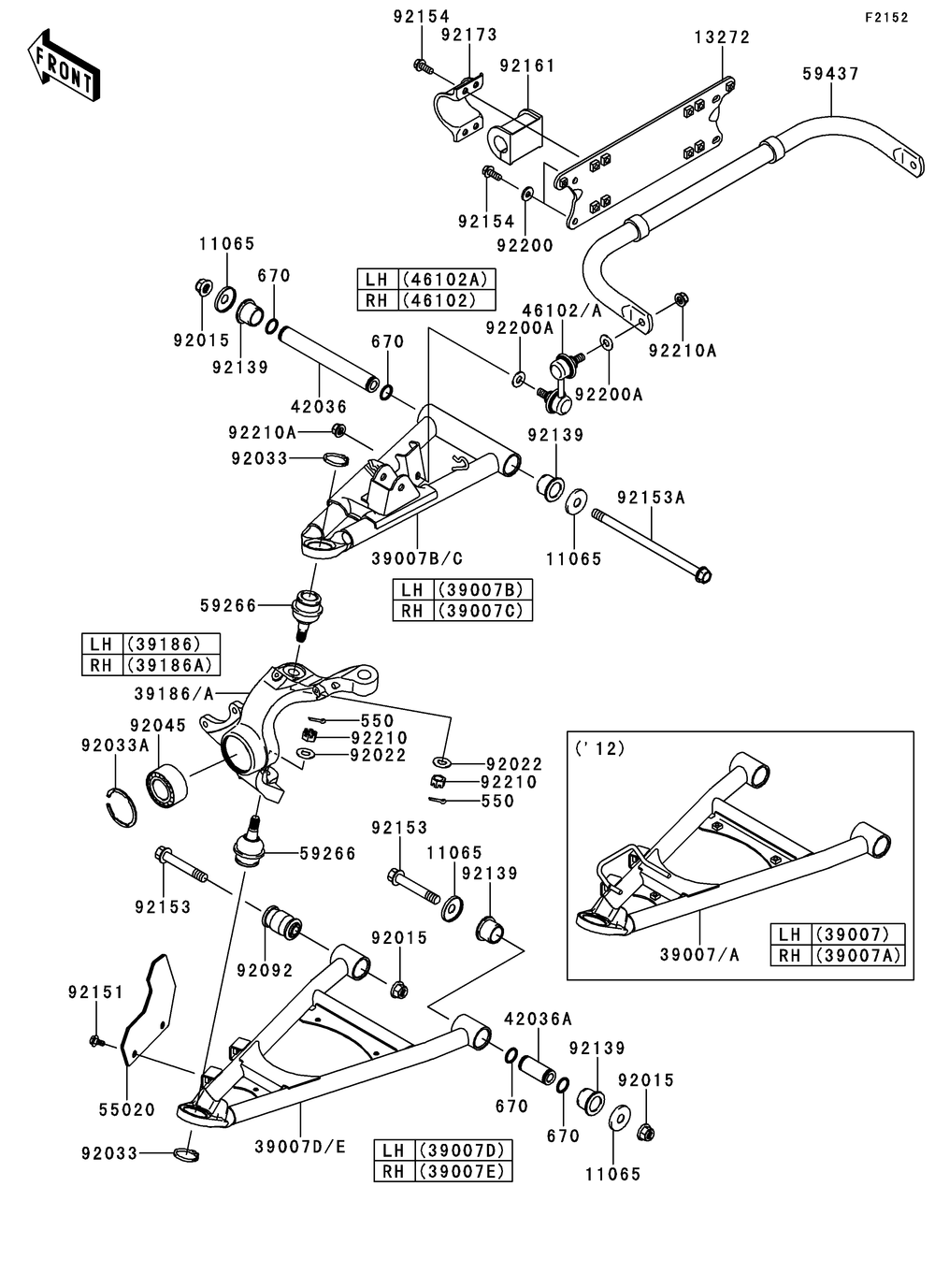 Front Suspension Diagram and Parts List for KRT750ACF 2012 Kawasaki Lawn Tractor Accessories