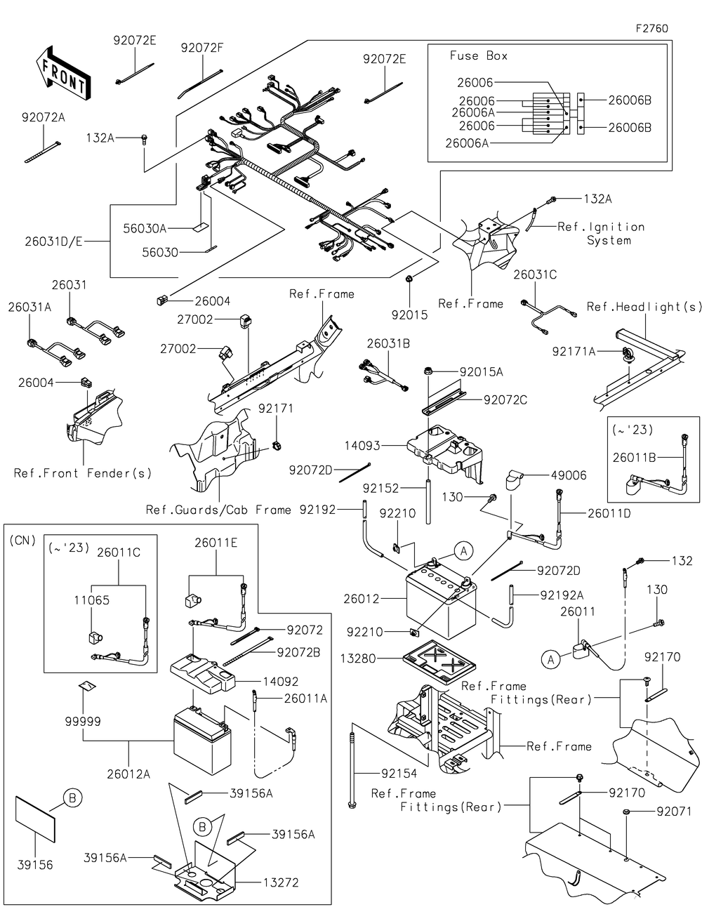 Chassis Electrical Equipment Diagram and Parts List for KRF800JNFNL 2022 Kawasaki Lawn Tractor Accessories