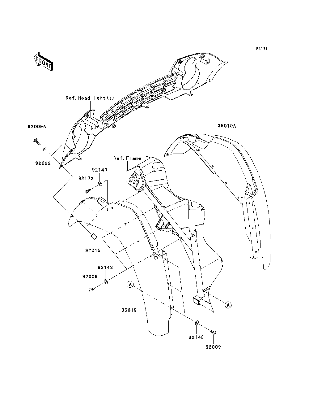 Front Fender Diagram and Parts List for KAF400A7F 2007 & Prior Kawasaki Lawn Tractor Accessories