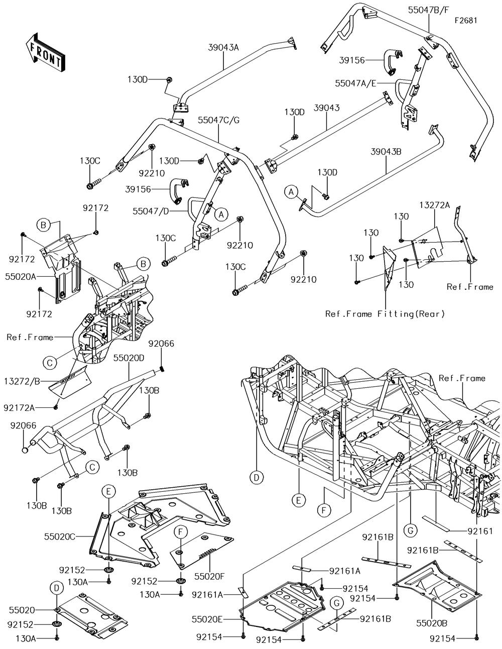 Guards/Cab Frame Diagram and Parts List for KRF800GJF 2018 Kawasaki Lawn Tractor Accessories