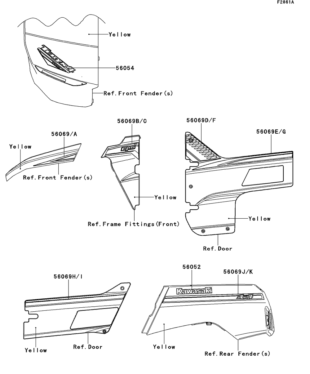 Decals(Yellow)(Ccf/Cdf) Diagram and Parts List for KRT750CCF 2012 Kawasaki Lawn Tractor Accessories