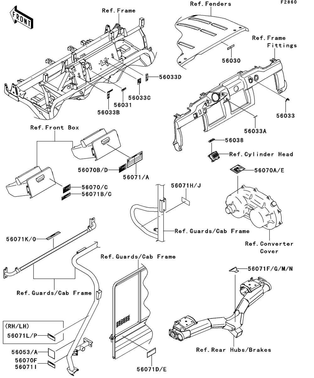 Labels Diagram and Parts List for KAF620RDFA 2013 Kawasaki Lawn Tractor Accessories