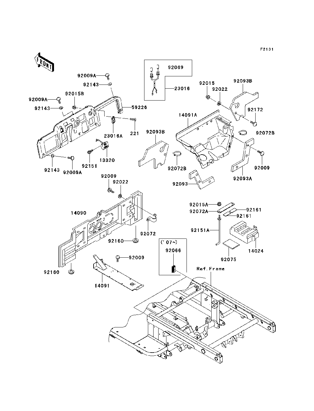 Frame Fittings Diagram and Parts List for KAF620H7F 2007 & Prior Kawasaki Lawn Tractor Accessories