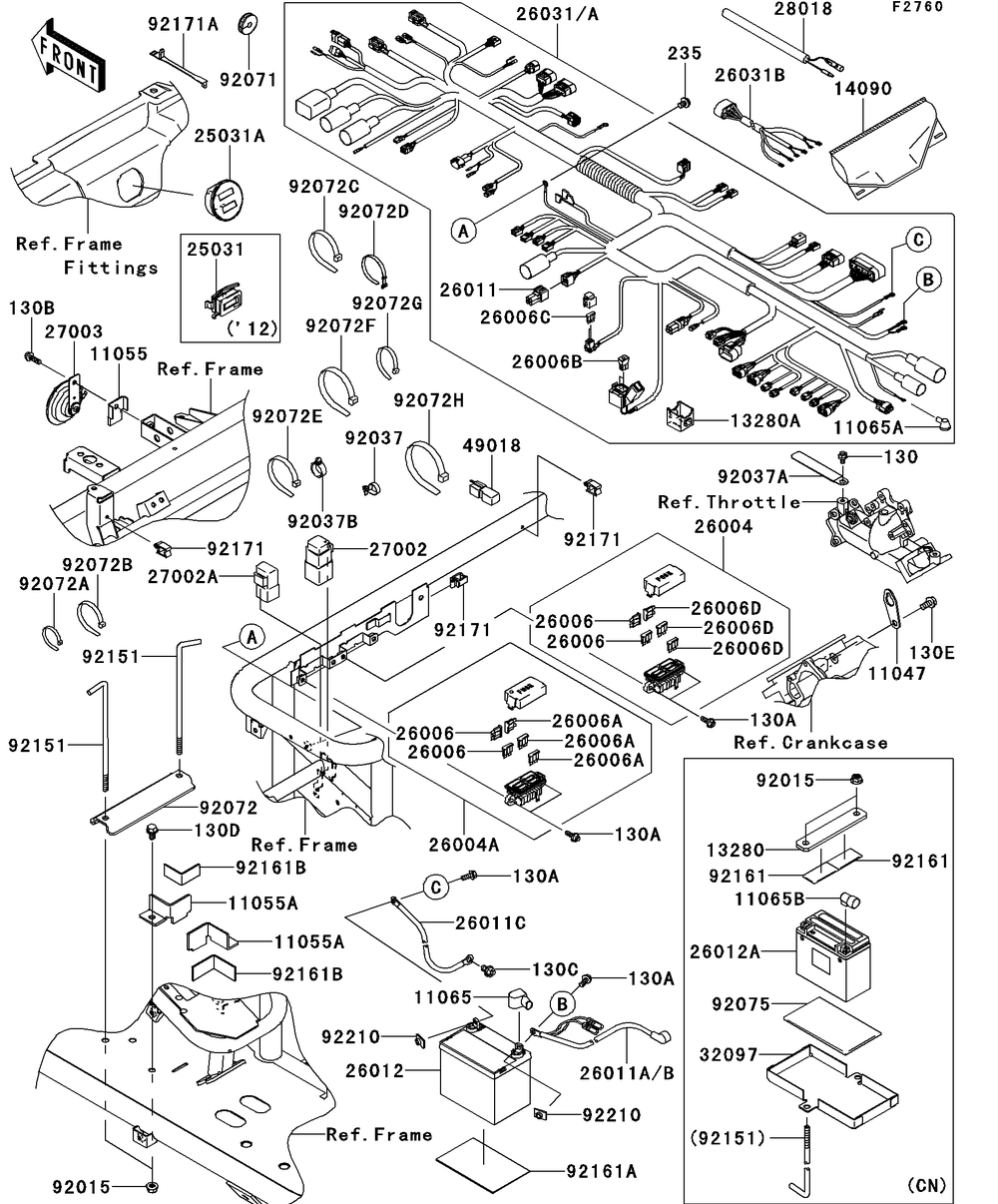 Chassis Electrical Equipment Diagram and Parts List for KAF620RDFA 2013 Kawasaki Lawn Tractor Accessories