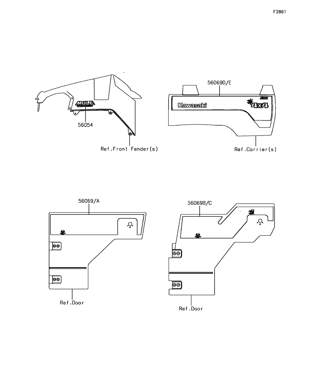 Decals(Dff) Diagram and Parts List for KAF820DFF 2015 Kawasaki Lawn Tractor Accessories