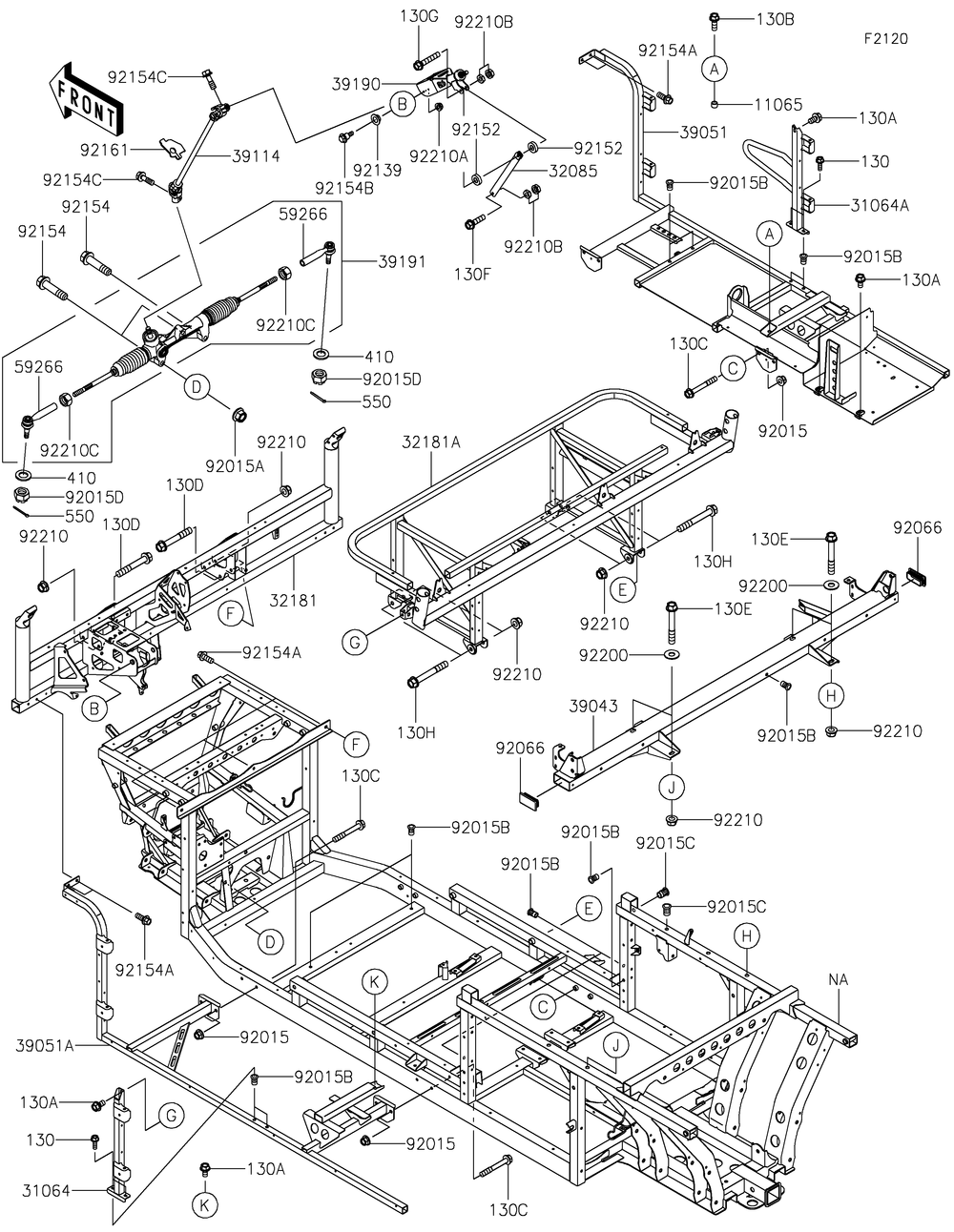 Frame Diagram and Parts List for KAF820AFF 2015 Kawasaki Lawn Tractor Accessories