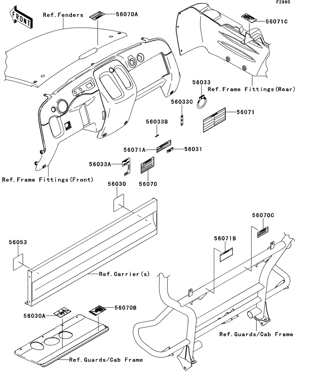 Labels Diagram and Parts List for KAF400BEF 2014 Kawasaki Lawn Tractor Accessories