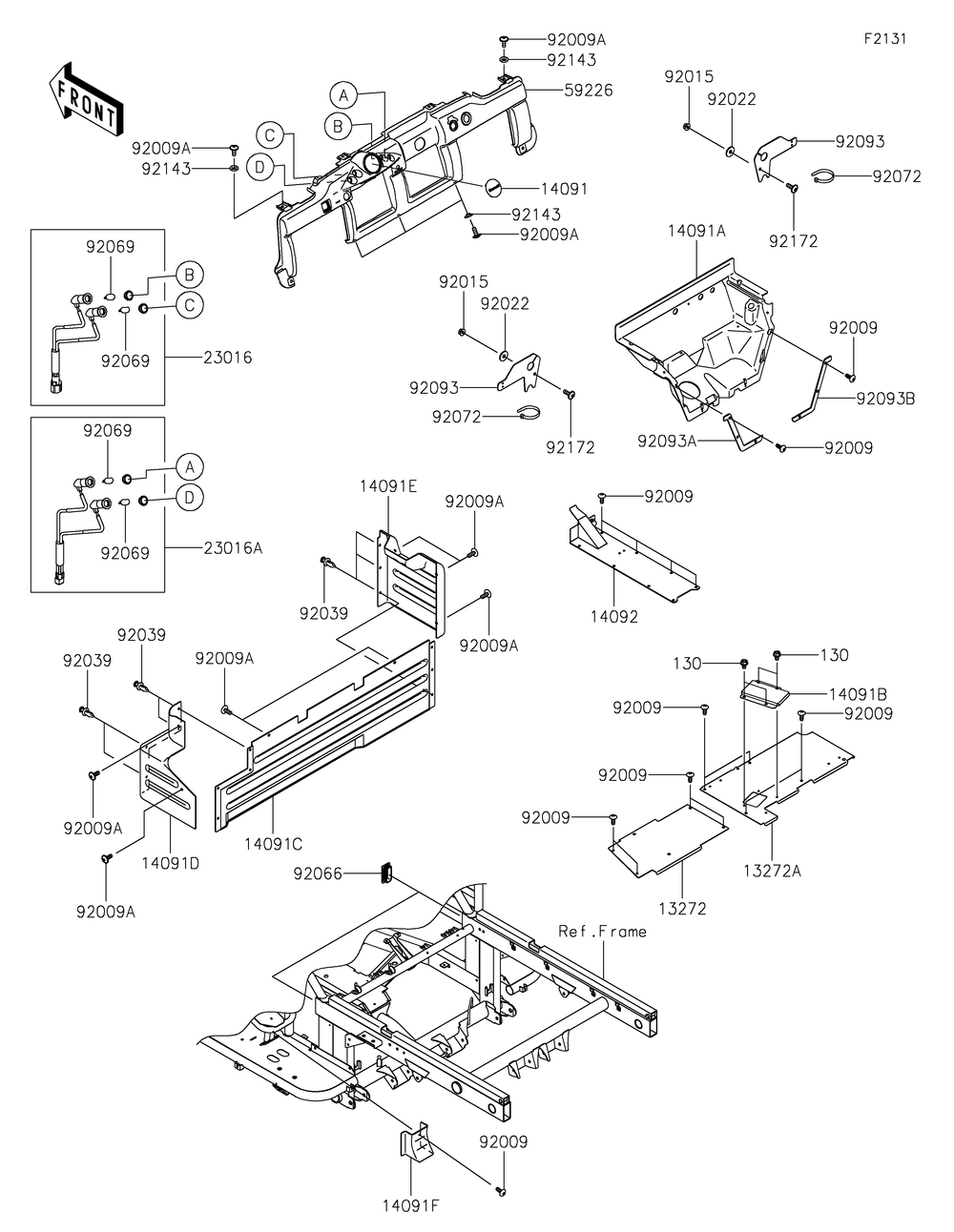 Frame Fittings Diagram and Parts List for KAF620PKF 2019 Kawasaki Lawn Tractor Accessories