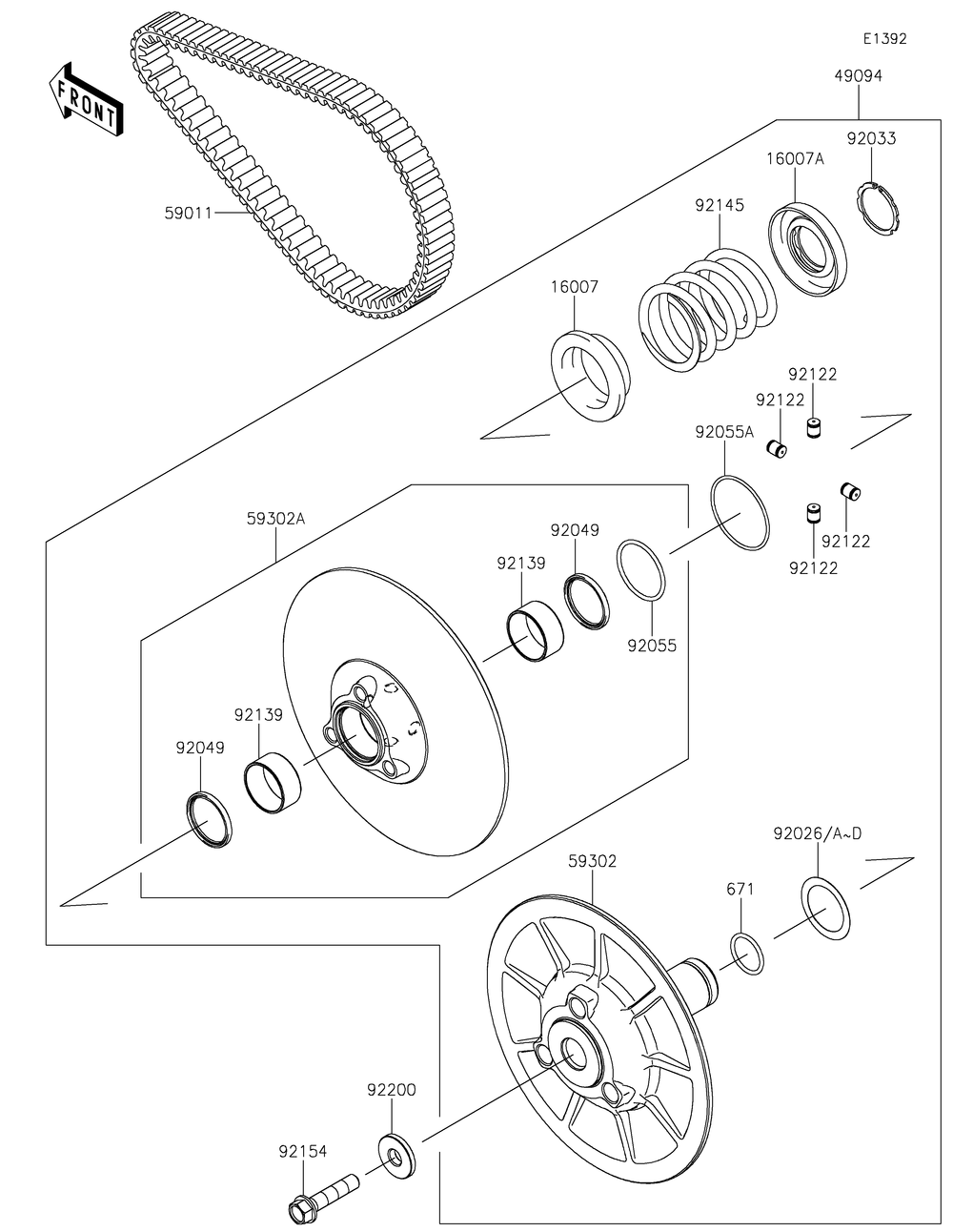 Driven Converter/Drive Belt Diagram and Parts List for KAF820BMFNL 2021 Kawasaki Lawn Tractor Accessories