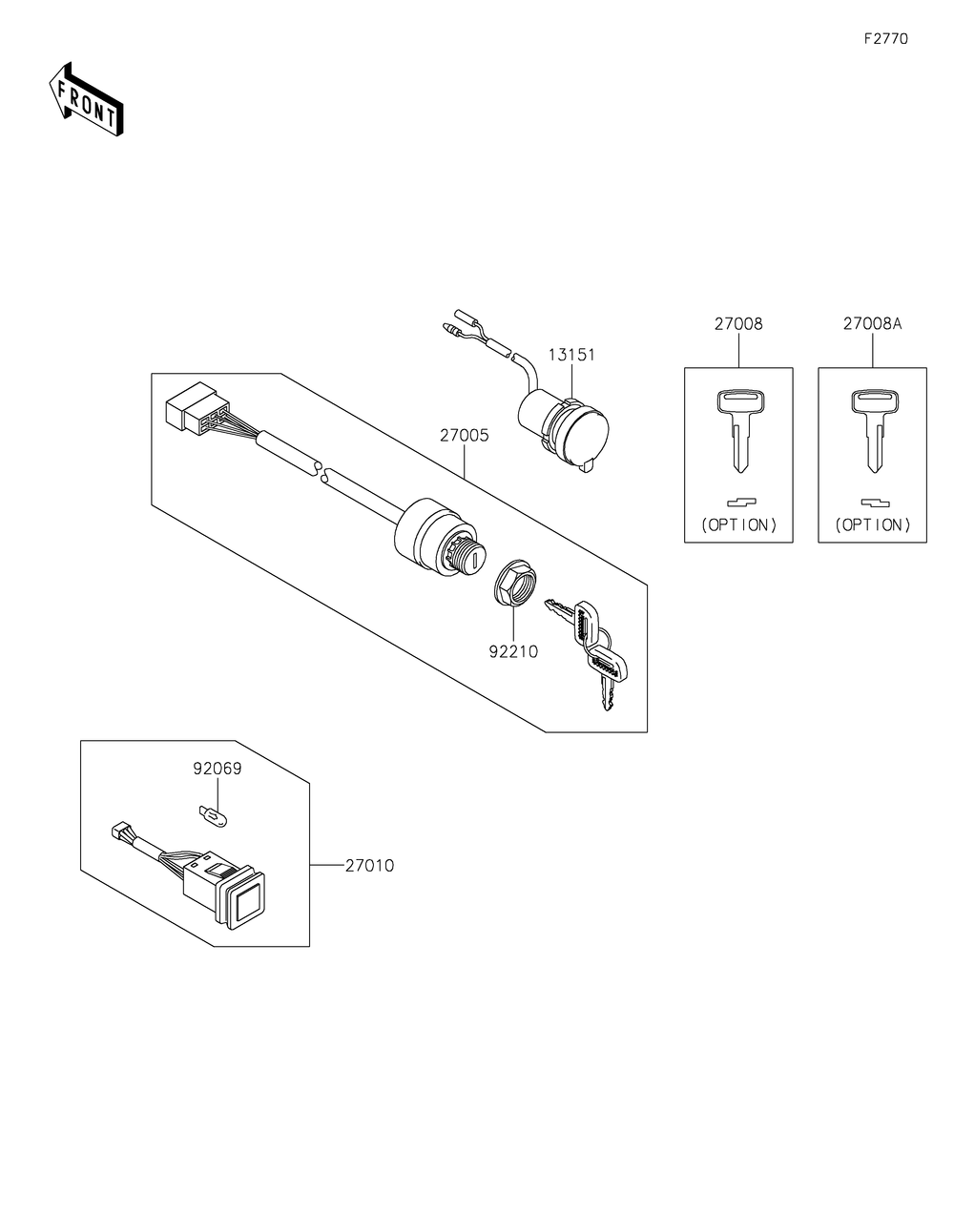 Ignition Switch Diagram and Parts List for KAF620WMFNN 2021 Kawasaki Lawn Tractor Accessories