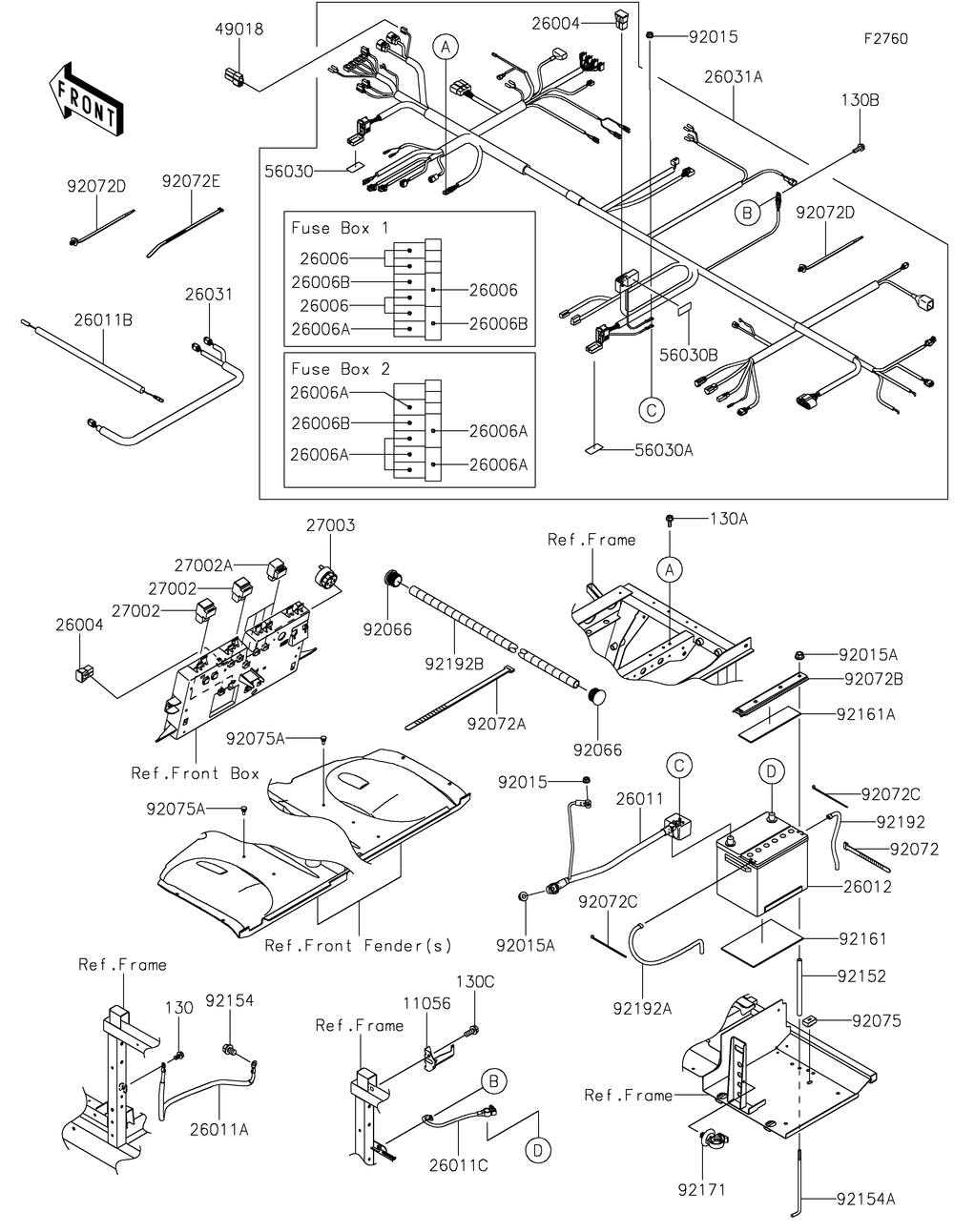 Chassis Electrical Equipment Diagram and Parts List for KAF1000AMFNN 2021 Kawasaki Lawn Tractor Accessories