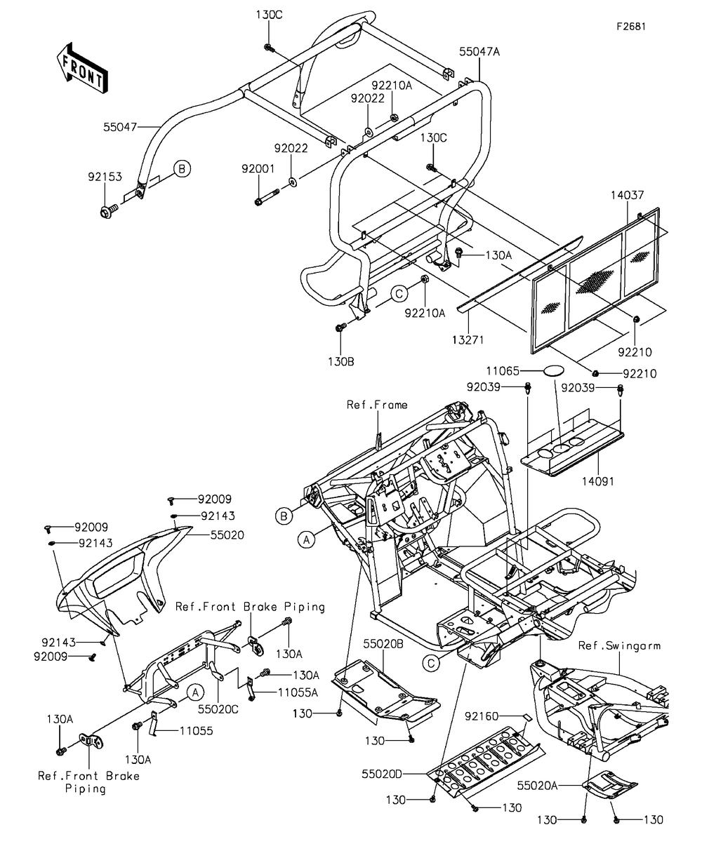 Guards/Cab Frame Diagram and Parts List for KAF400EGF 2016 Kawasaki Lawn Tractor Accessories
