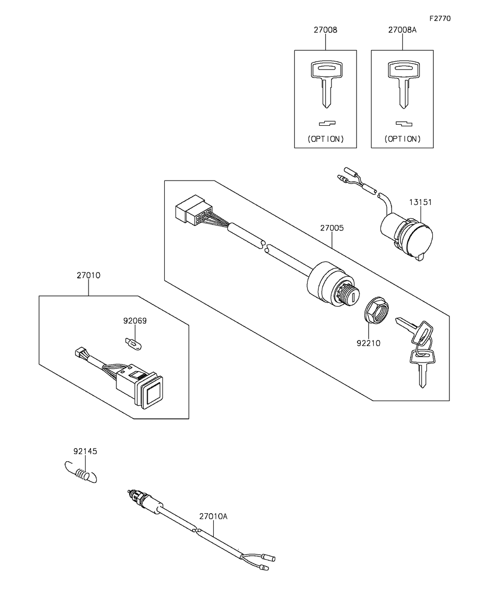 Ignition Switch Diagram and Parts List for KAF400DFF 2015 Kawasaki Lawn Tractor Accessories