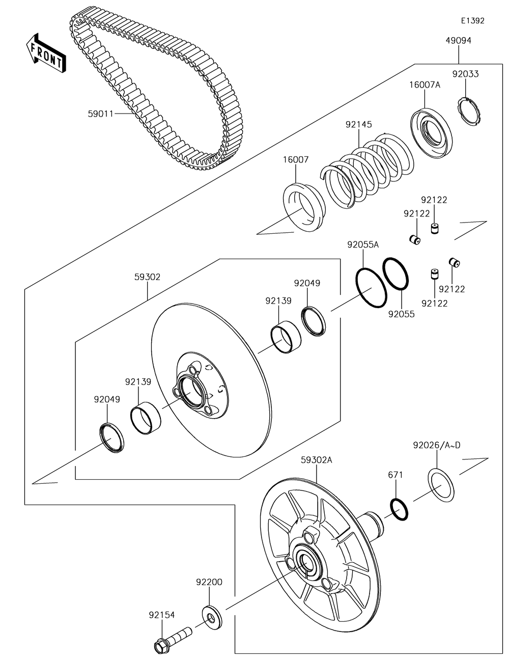 Driven Converter/Drive Belt Diagram and Parts List for KAF1000HJF 2018 Kawasaki Lawn Tractor Accessories