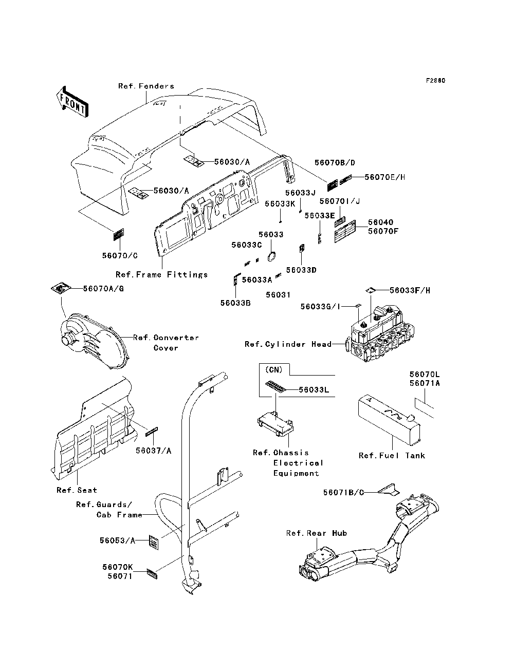 Labels Diagram and Parts List for KAF950D8F 2008 Kawasaki Lawn Tractor Accessories