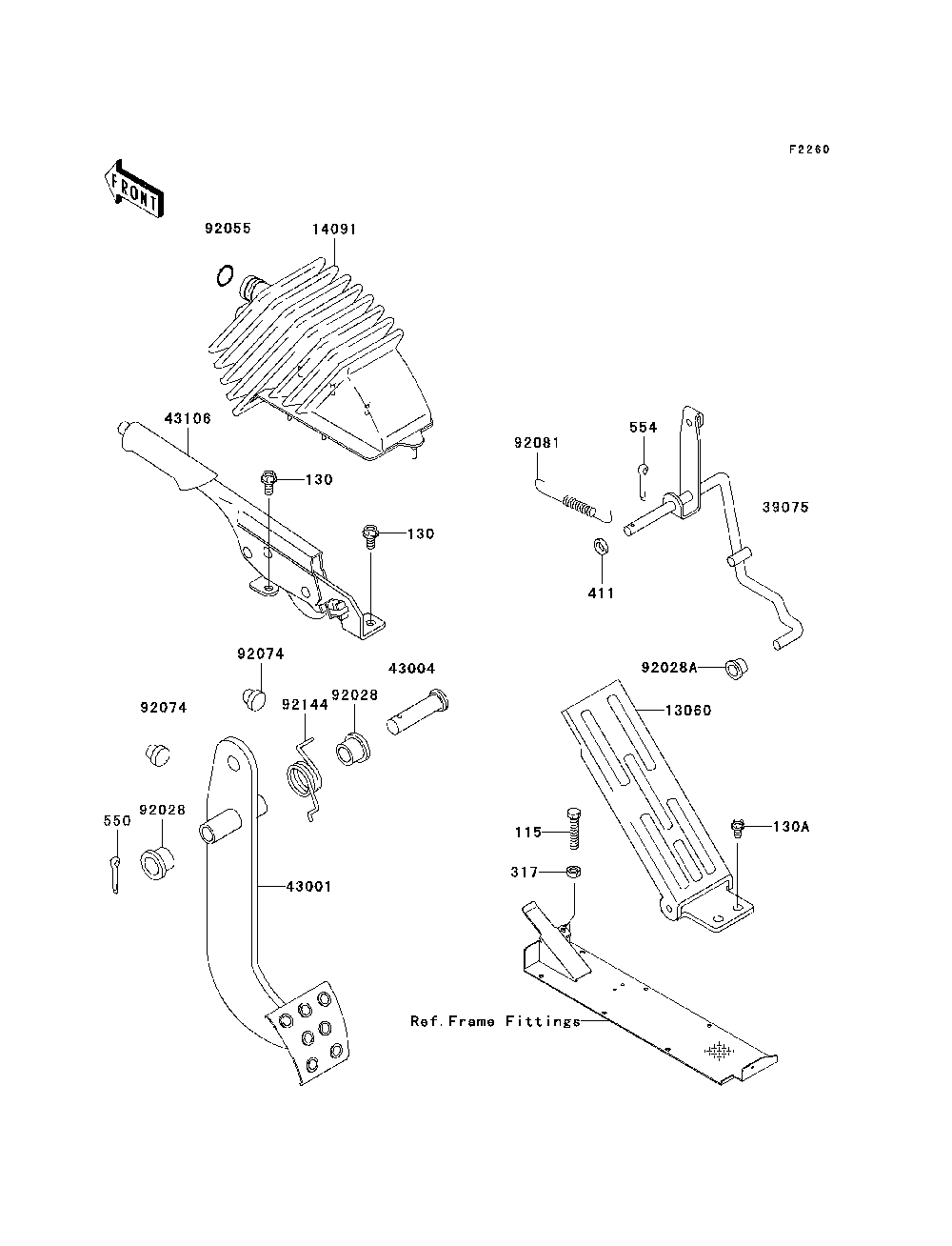 Brake Pedal/Throttle Lever Diagram and Parts List for KAF620H7F 2007 & Prior Kawasaki Lawn Tractor Accessories