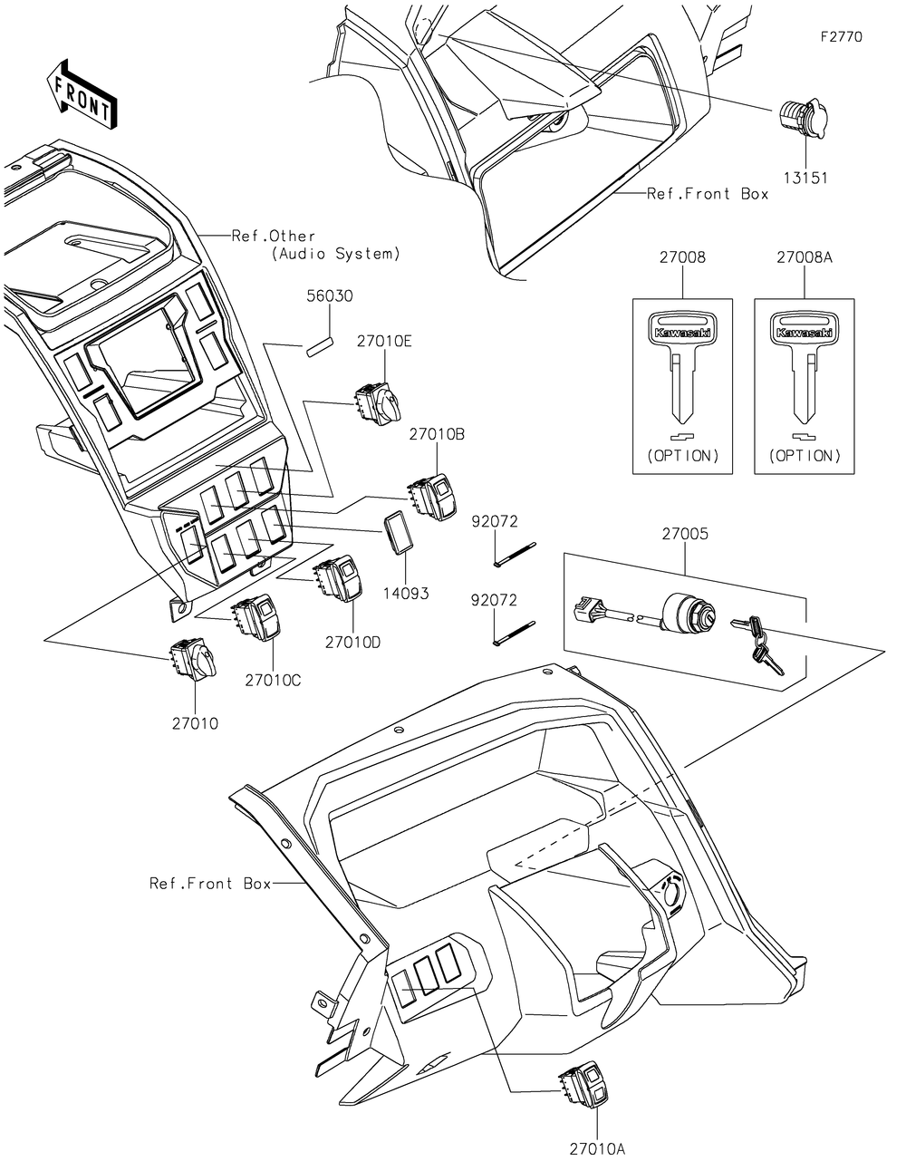 Ignition Switch Diagram and Parts List for KRT1000BPFNL 2023 Kawasaki Lawn Tractor Accessories
