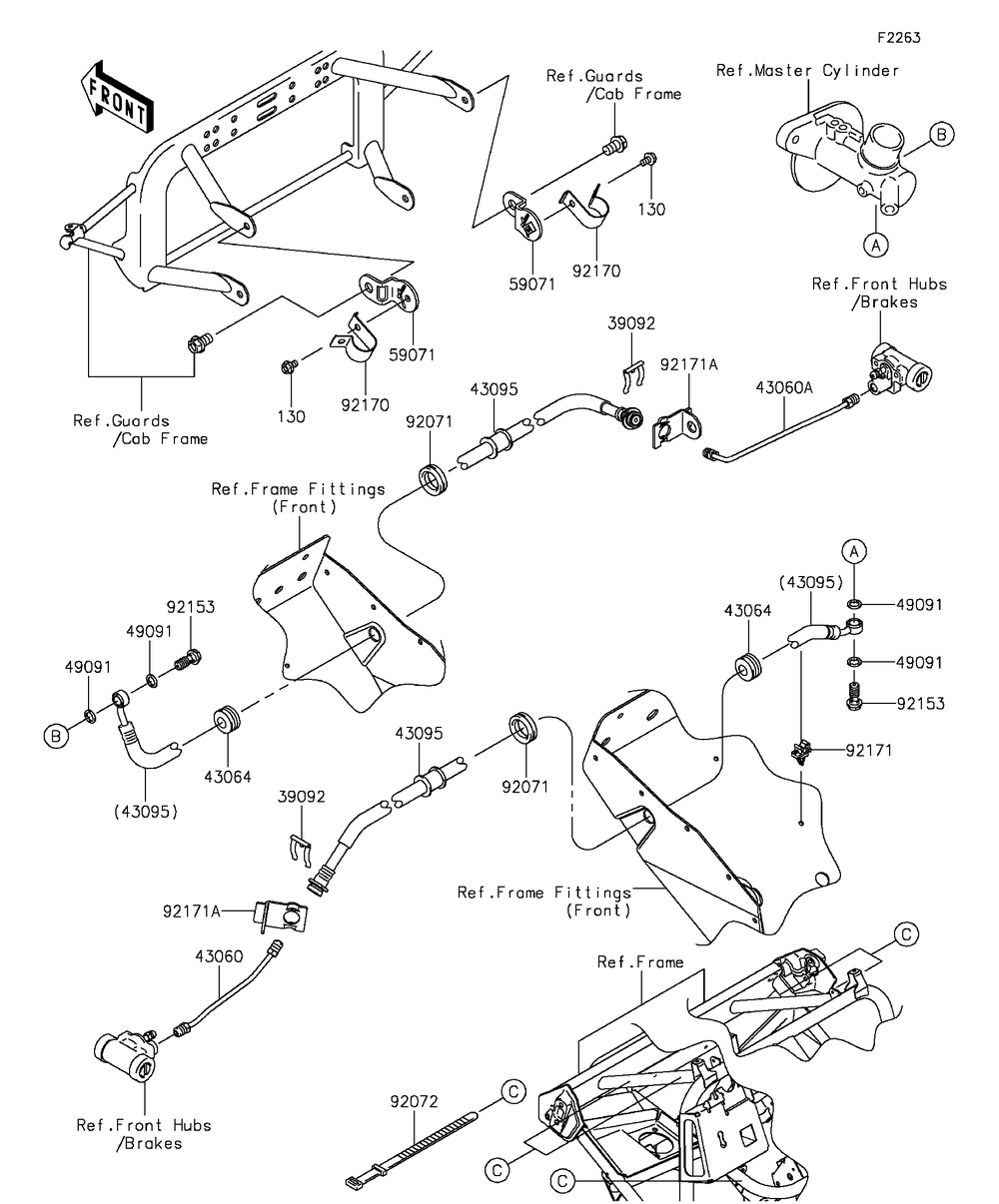 Front Brake Piping Diagram and Parts List for KAF400BGF 2016 Kawasaki Lawn Tractor Accessories