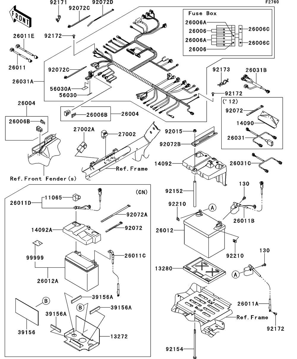 Chassis Electrical Equipment Diagram and Parts List for KRT750CCF 2012 Kawasaki Lawn Tractor Accessories