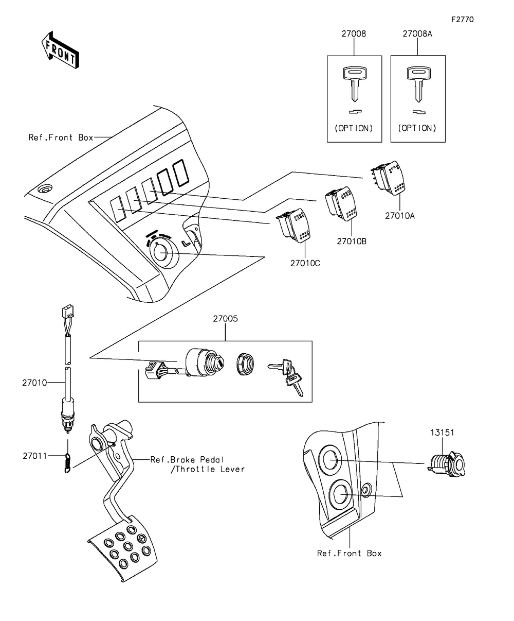 Ignition Switch Diagram and Parts List for KAF1000EGF 2016 Kawasaki Lawn Tractor Accessories