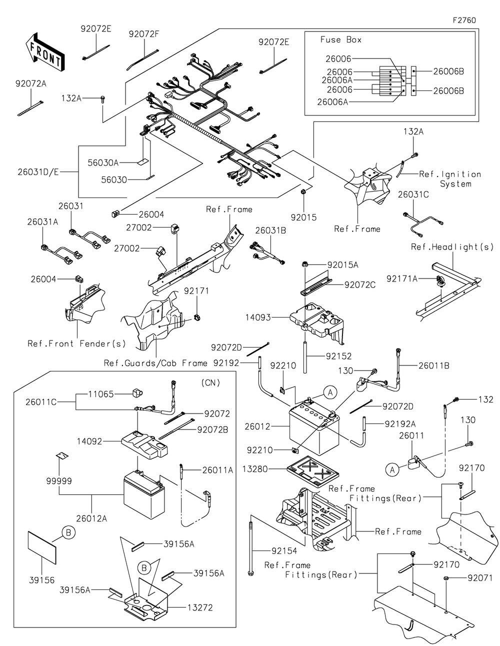 Chassis Electrical Equipment Diagram and Parts List for KRF800JMFNN 2021 Kawasaki Lawn Tractor Accessories