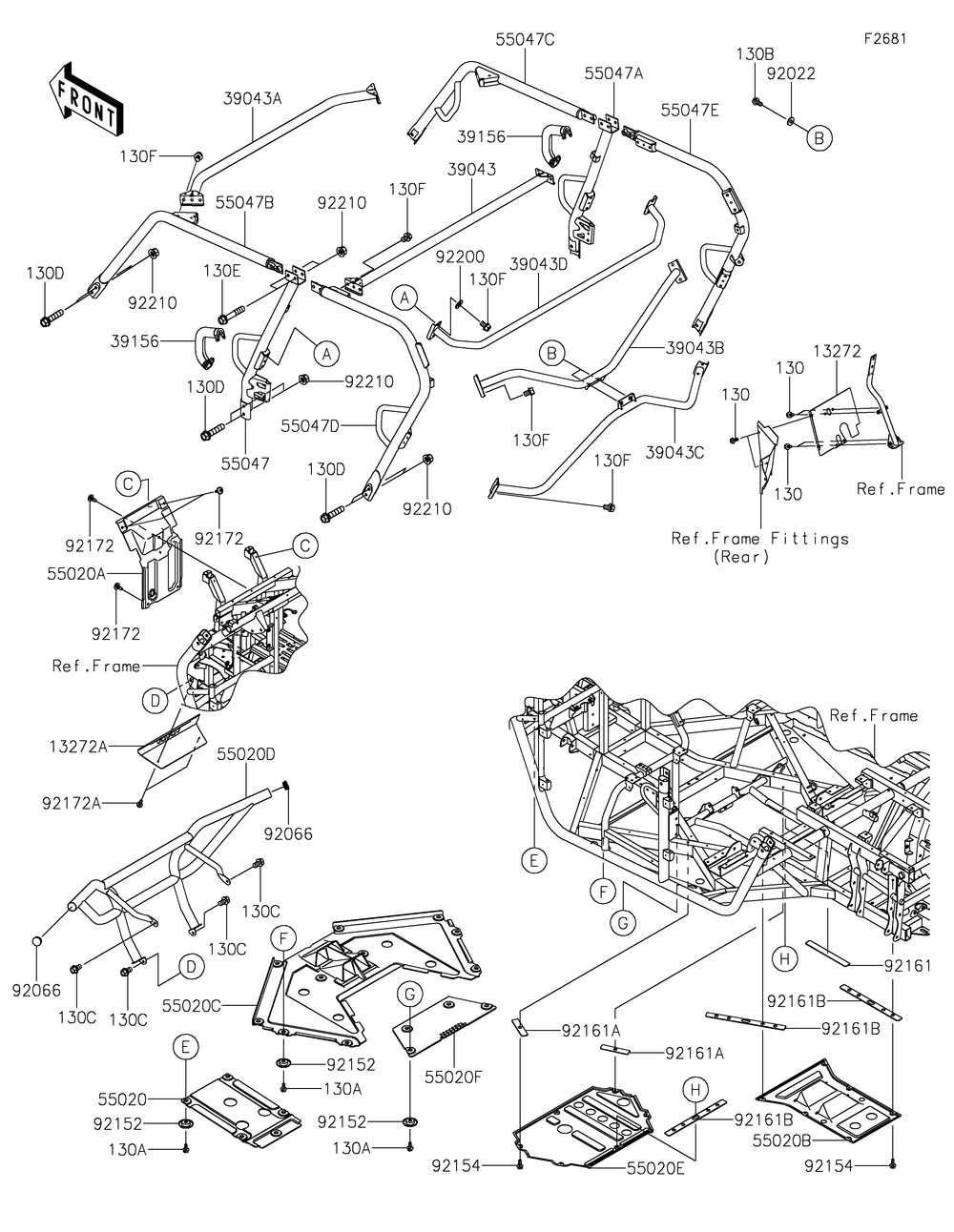 Guards/Cab Frame Diagram and Parts List for KRT800FPFNN 2023 Kawasaki Lawn Tractor Accessories