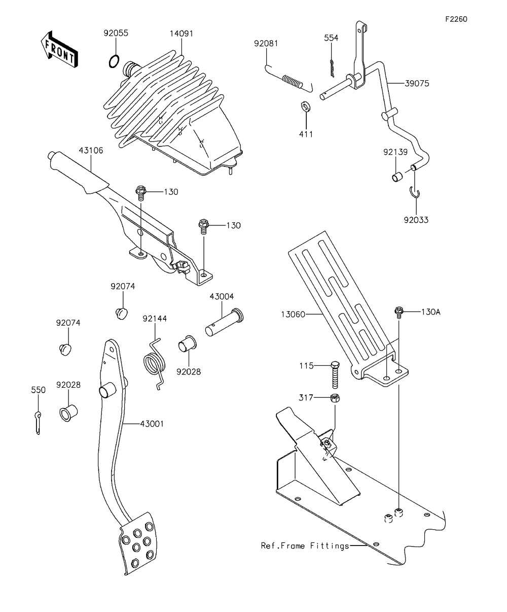 Brake Pedal/Throttle Lever Diagram and Parts List for KAF620RFF 2015 Kawasaki Lawn Tractor Accessories