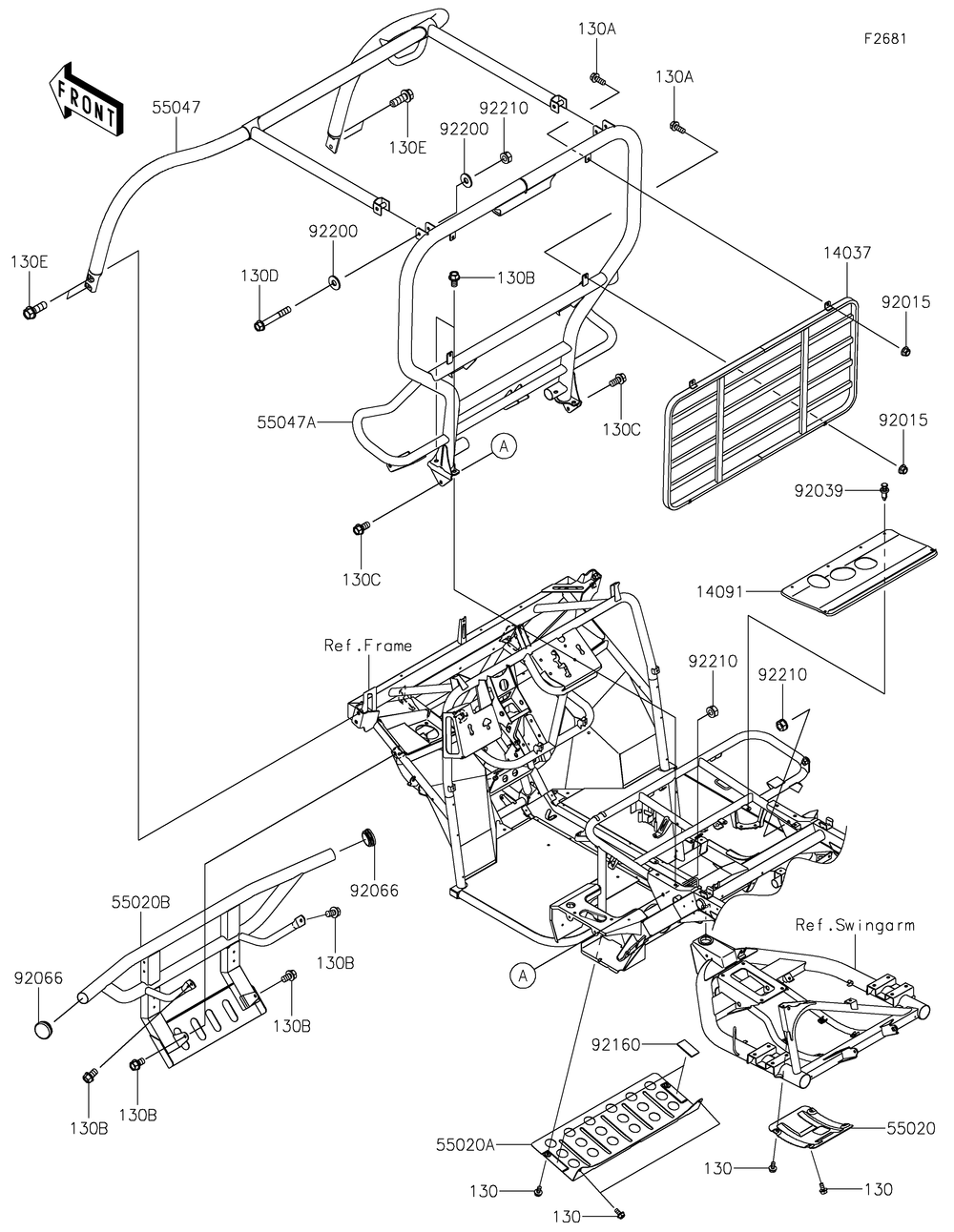 Guards/Cab Frame Diagram and Parts List for KAF400HHF 2017 Kawasaki Lawn Tractor Accessories