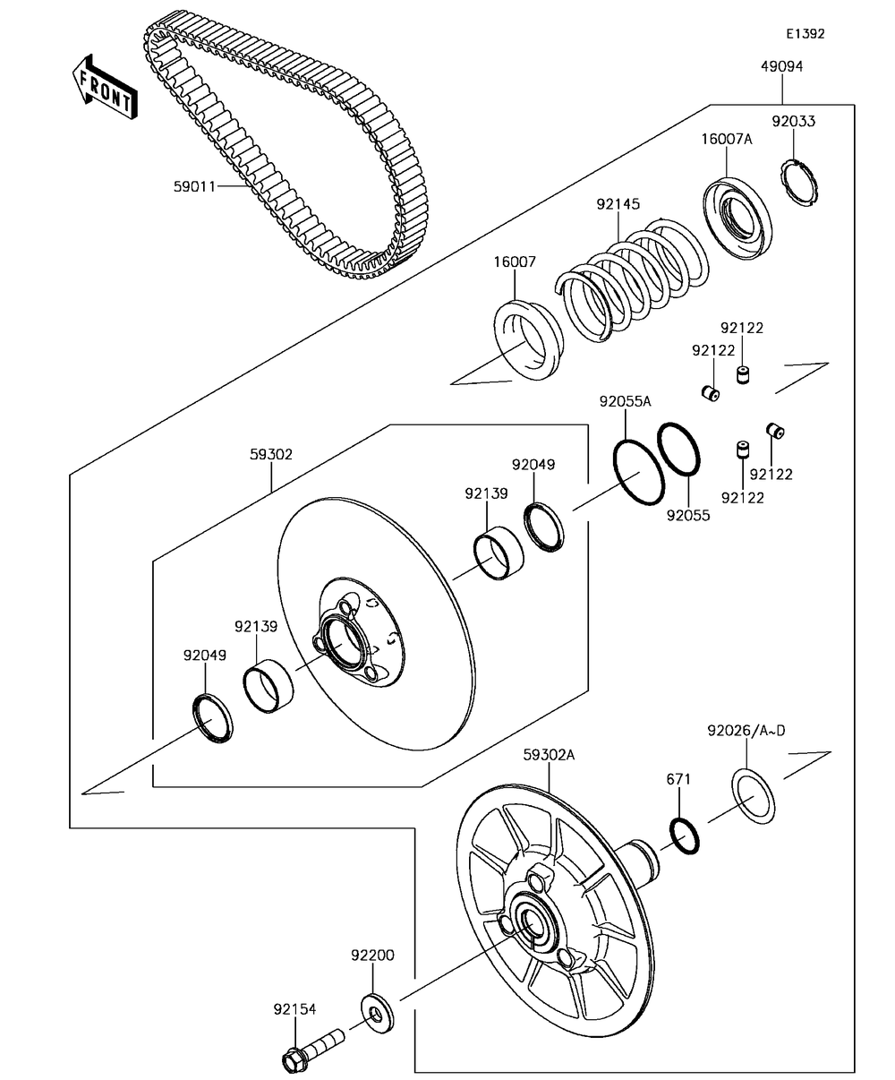 Driven Converter/Drive Belt Diagram and Parts List for KAF1000CHF 2017 Kawasaki Lawn Tractor Accessories