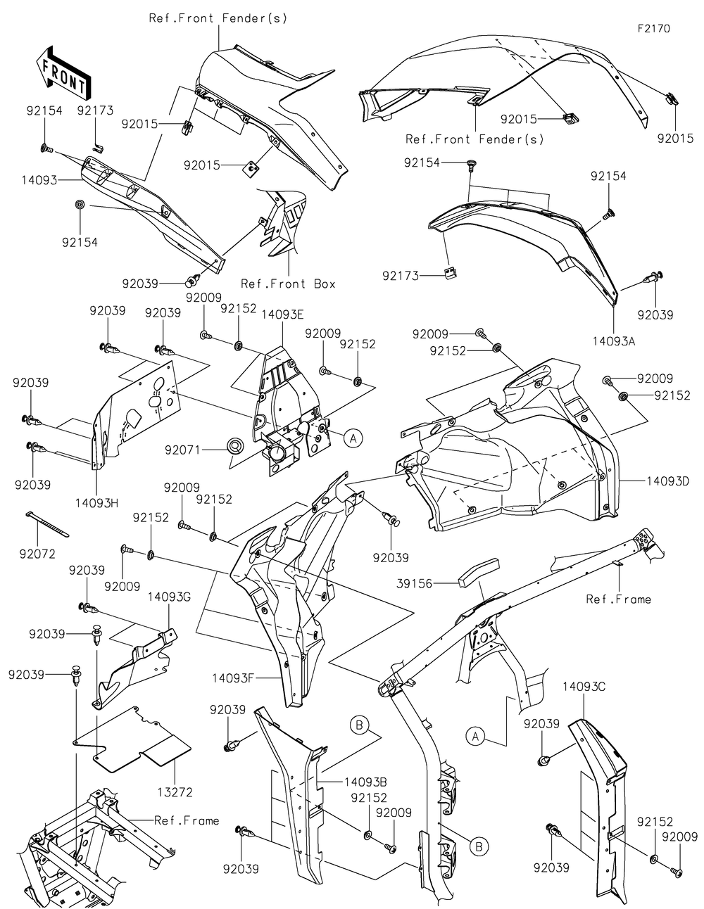 Fenders Diagram and Parts List for KRF1000CPFNN 2023 Kawasaki Lawn Tractor Accessories