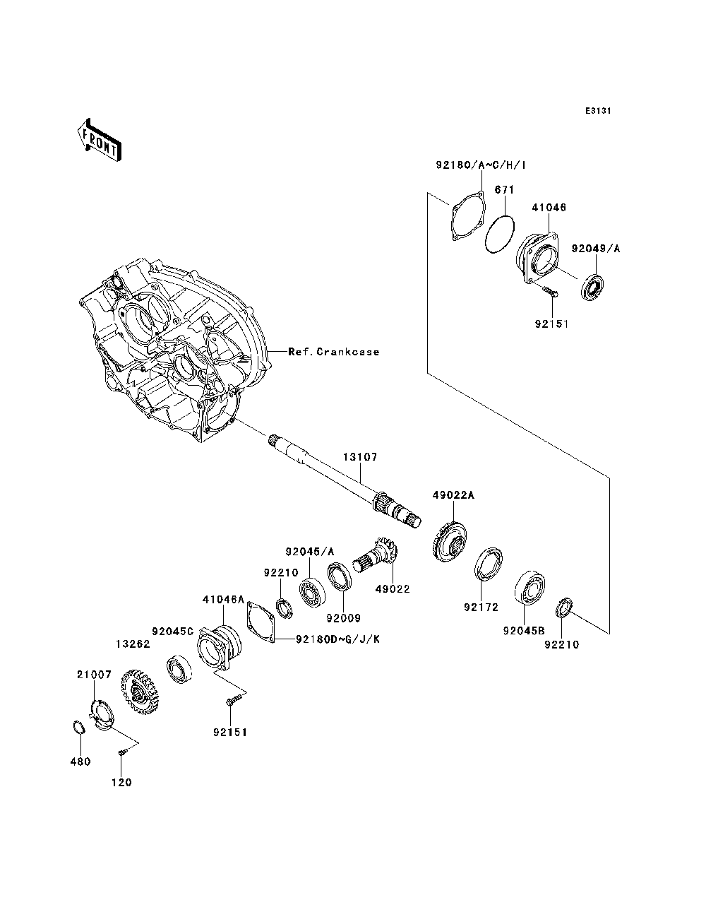 Front Bevel Gear Diagram and Parts List for KRF750VBF 2011 Kawasaki Lawn Tractor Accessories