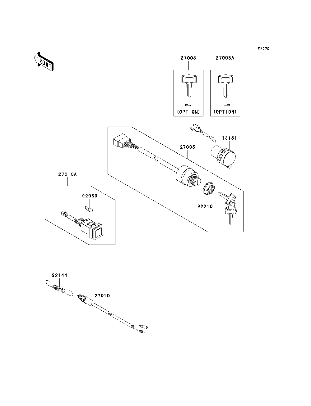Ignition Switch Diagram and Parts List for KAF400C7F 2007 & Prior Kawasaki Lawn Tractor Accessories