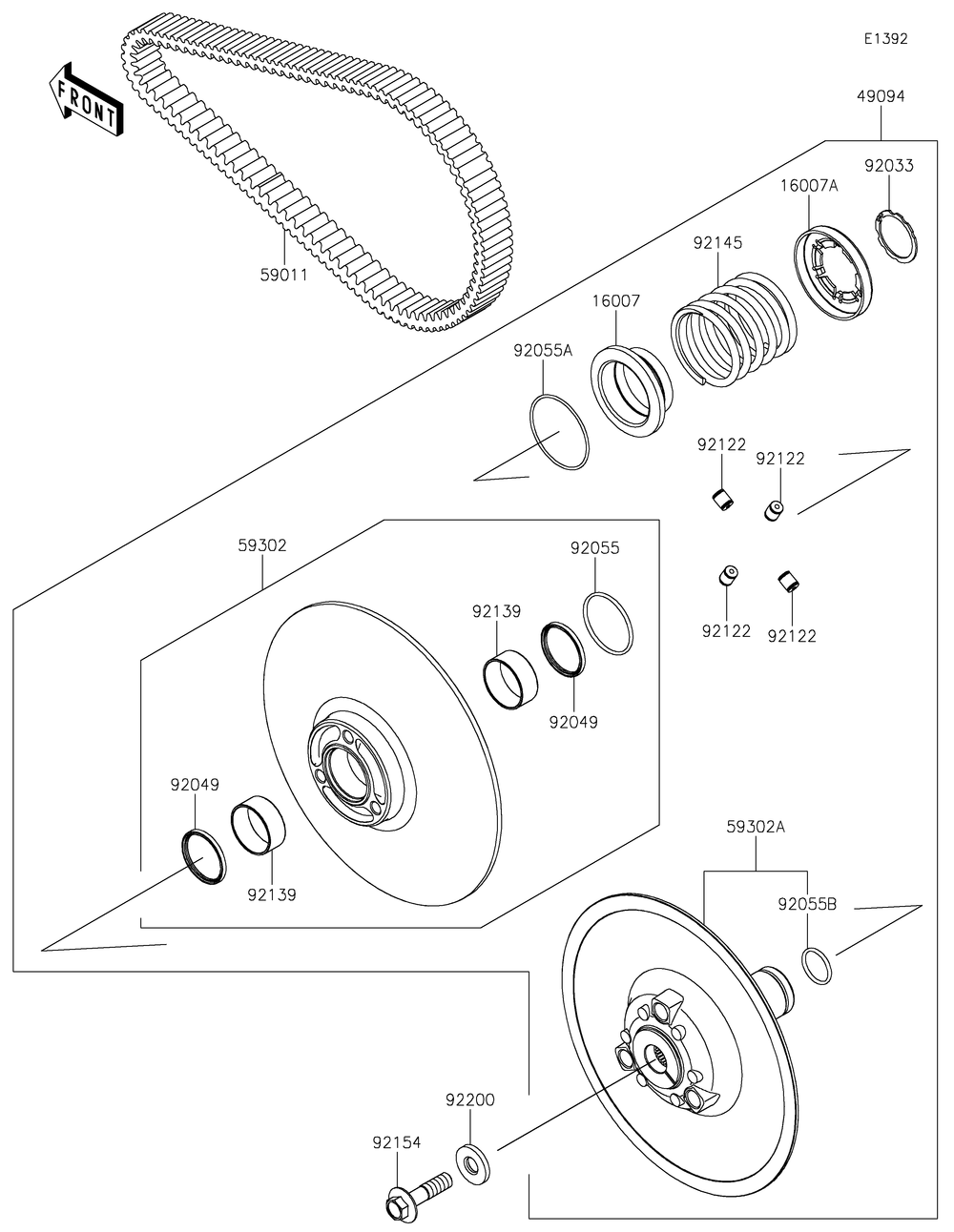 Driven Converter/Drive Belt Diagram and Parts List for KRF1000CPFNN 2023 Kawasaki Lawn Tractor Accessories