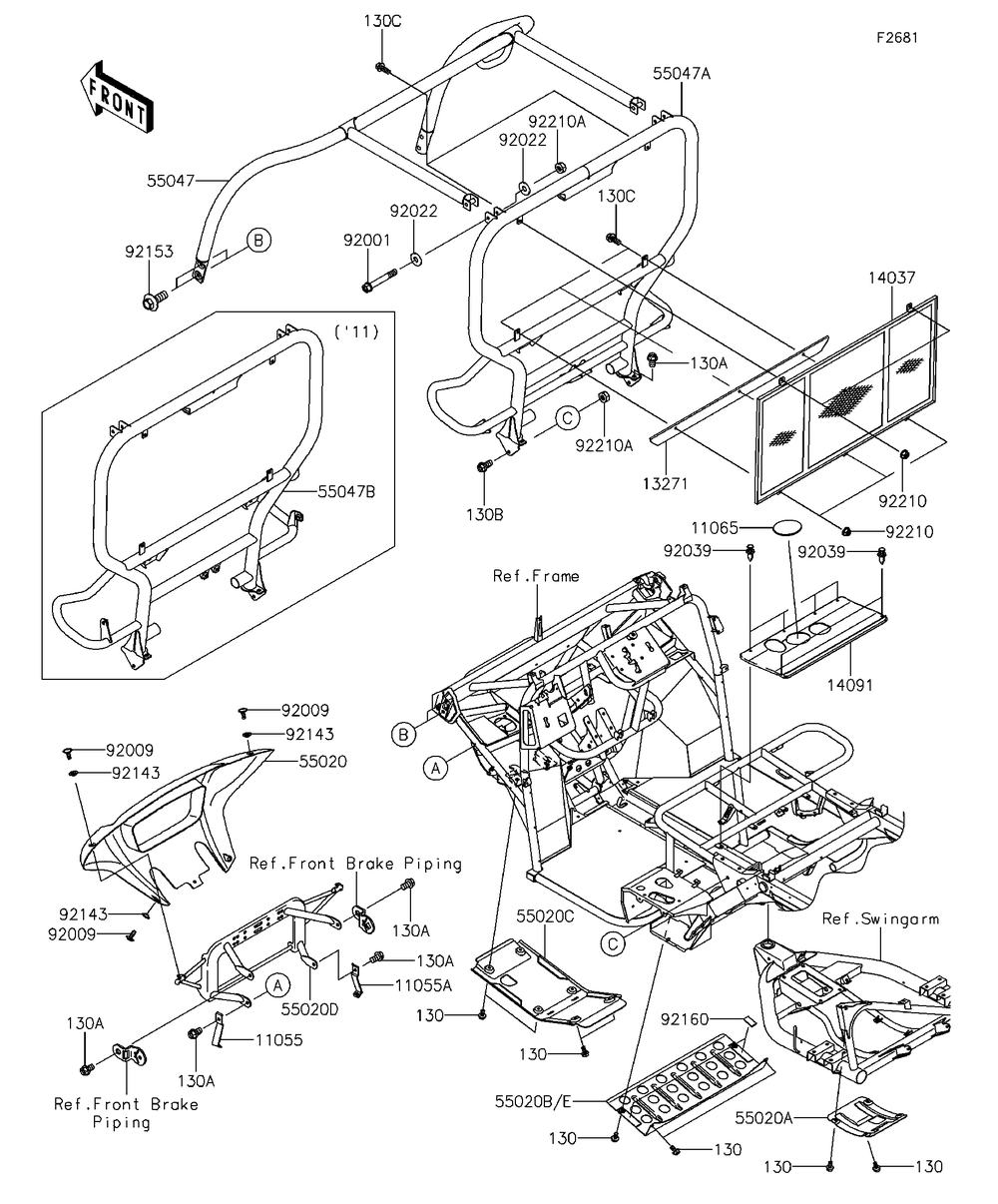 Guards/Cab Frame Diagram and Parts List for KAF400EDF 2013 Kawasaki Lawn Tractor Accessories