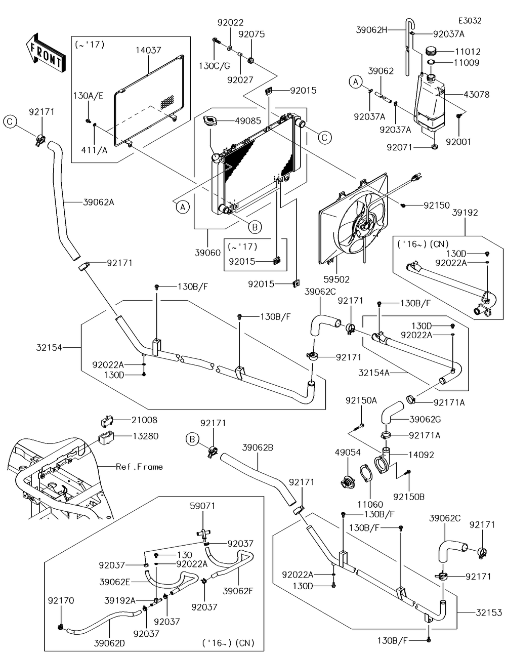 Radiator Diagram and Parts List for KAF620MHF 2017 Kawasaki Lawn Tractor Accessories
