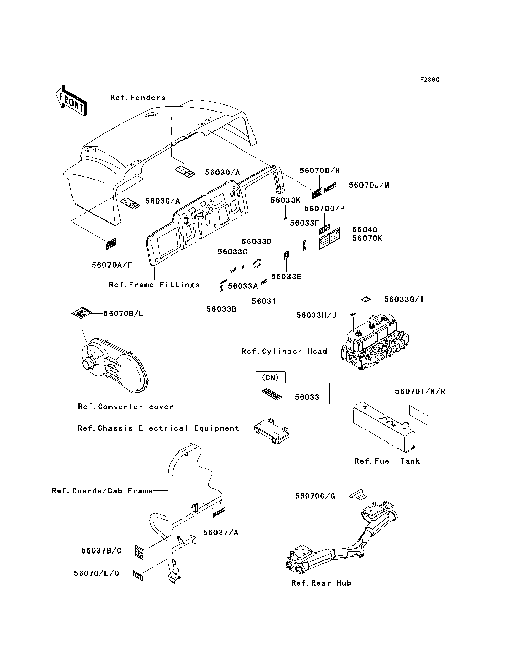 Labels Diagram and Parts List for KAF950B7F 2007 & Prior Kawasaki Lawn Tractor Accessories